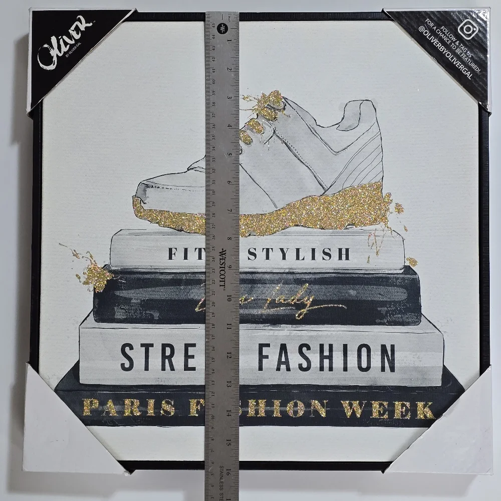Oliver Gal 16x16 Fashion Sneaker Book Stack Canvas Wall Art – Glitter Gold
